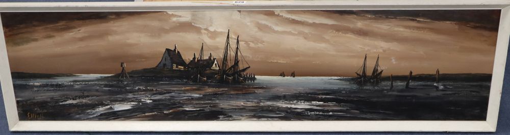 Edward Elliott (b.1918), oil on board, Fishing boats along the shore, signed, 30 x 122cm